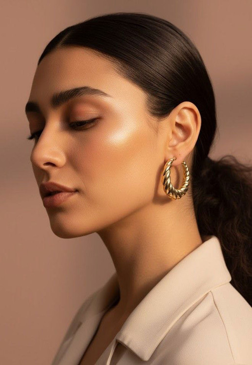 گوشواره حلقه ای مجلسی و شیک طلایی روی گوش مدل زنانه
