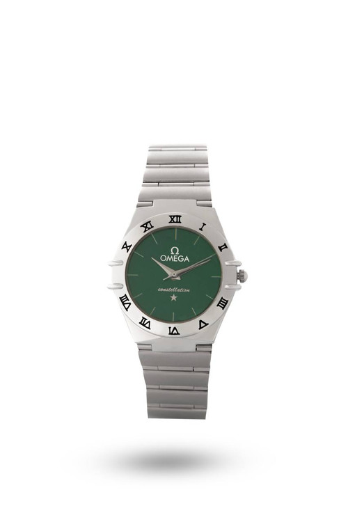 ساعت مچی زنانه امگا کانستلیشن با صفحه سبز بند استیل نقره ای با صفحه مشکی کلاسیک و قاب دارای اعداد رومی