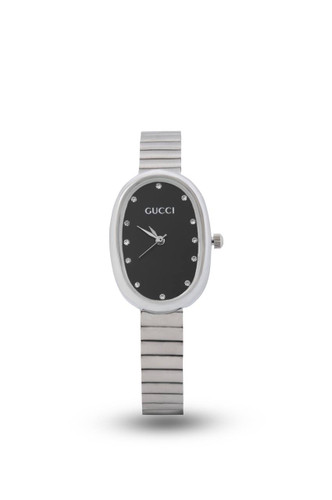 ساعت مچی زنانه طرح گوجی بیضی با صفحه مشکی و نگین های درخشان، یک اکسسوری فشن با بند استیل