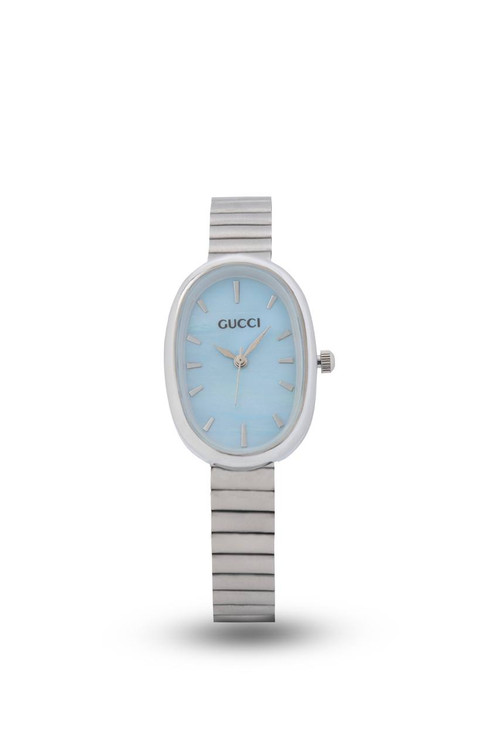 ساعت مچی زنانه طرح گوجی بیضی با صفحه آبی و نگین های درخشان، یک اکسسوری فشن با بند استیل، مدل مینیمال و ترند